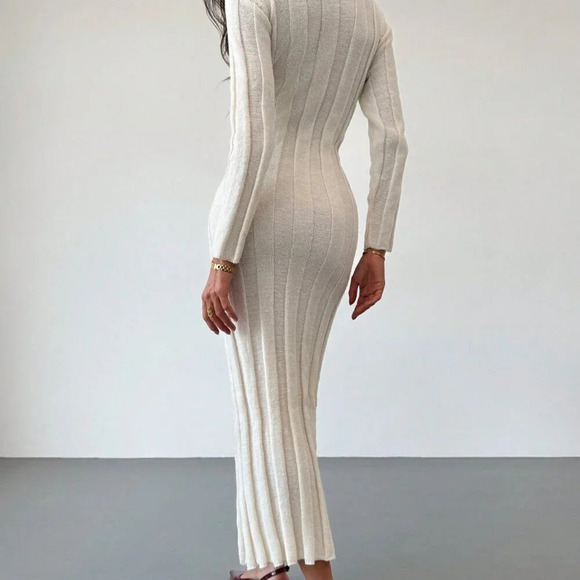 Beige Elegant Women's Crew Neck Long Warm & Comfortable Knit Casual Dress - Picture 3 of 7